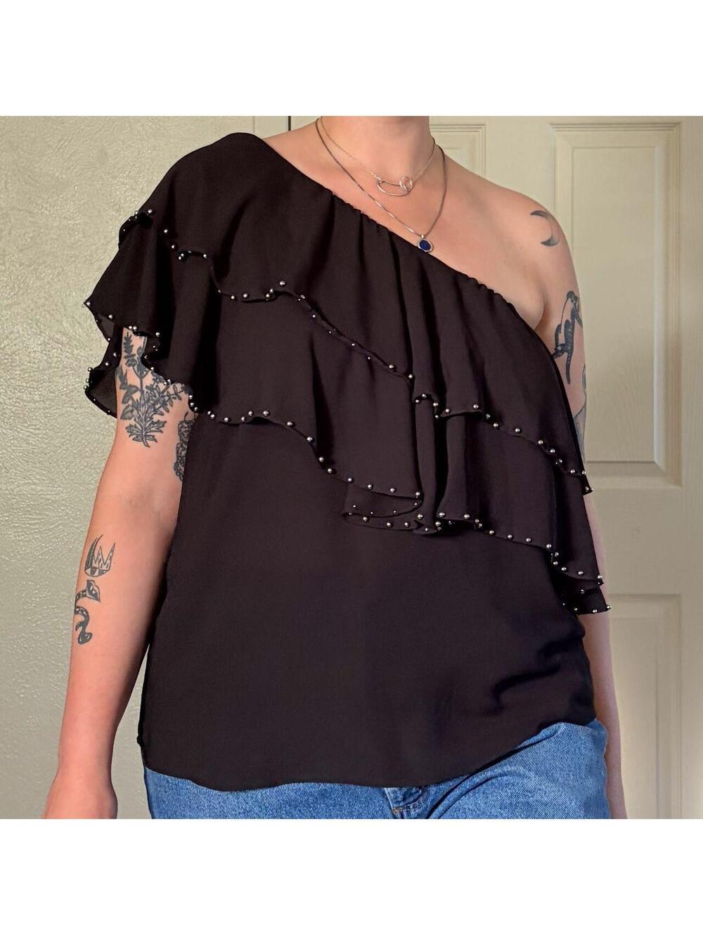 Black Tank Top One Shoulder Top Studded Ruffles Western Witchy
